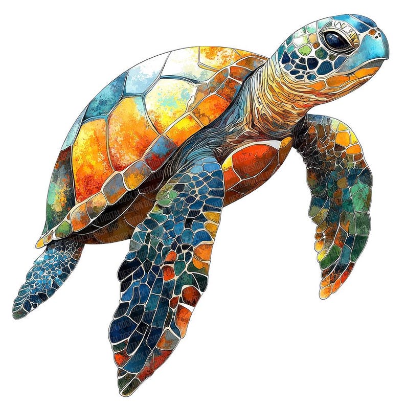 May include: A colourful sea turtle with a blue, green, orange and yellow shell. The turtle is swimming with its head and flippers extended.