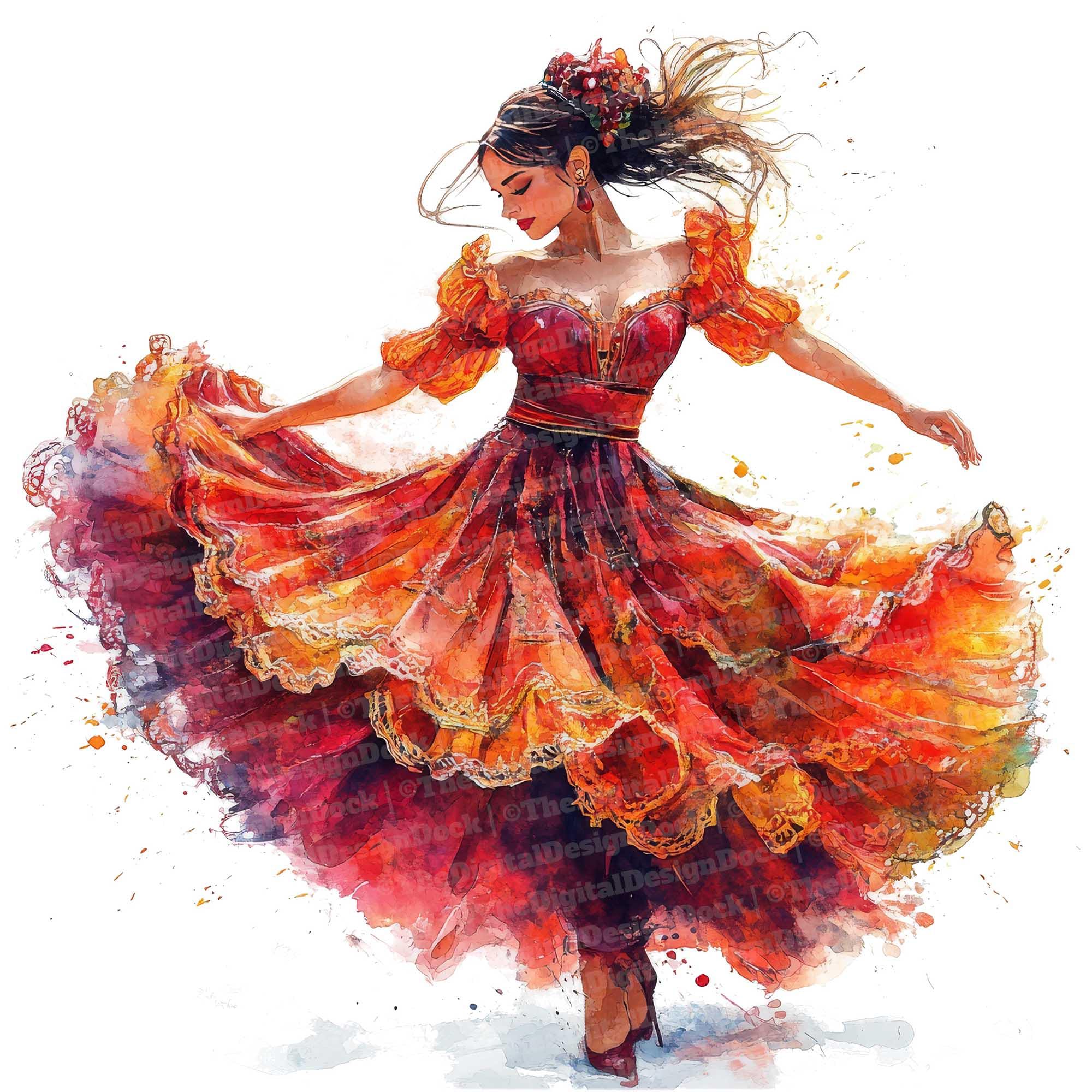 12 フラメンコ ダンサーの水彩画クリップアート、スペインの女性