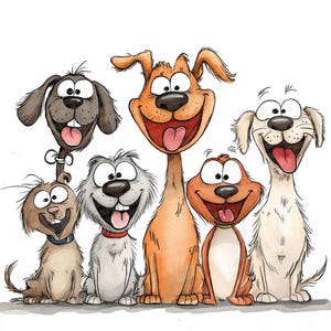 Funny Dog Group PNG Clip Art, 12x Cartoon Dog Pack Clipart PNG Set, Printable Watercolor Clip Art, Digital Download, Junk Journal Bundle