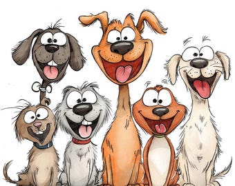Funny Dog Group PNG Clip Art, 12x Cartoon Dog Pack Clipart PNG Set, Printable Watercolor Clip Art, Digital Download, Junk Journal Bundle
