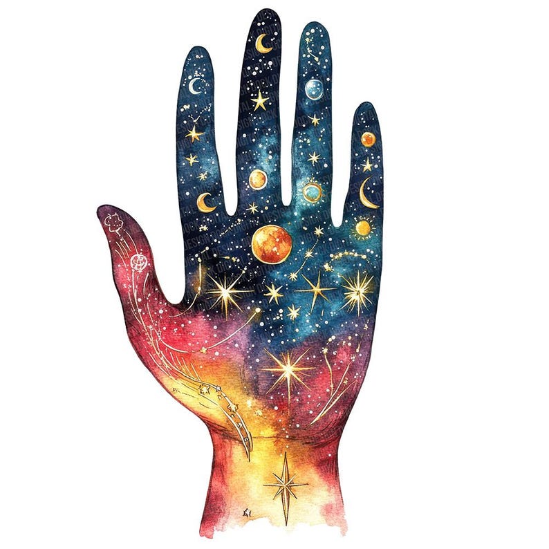 12 Palmistry Hand PNG Clip Art, Starry Hand Clipart, Watercolor Hand ...