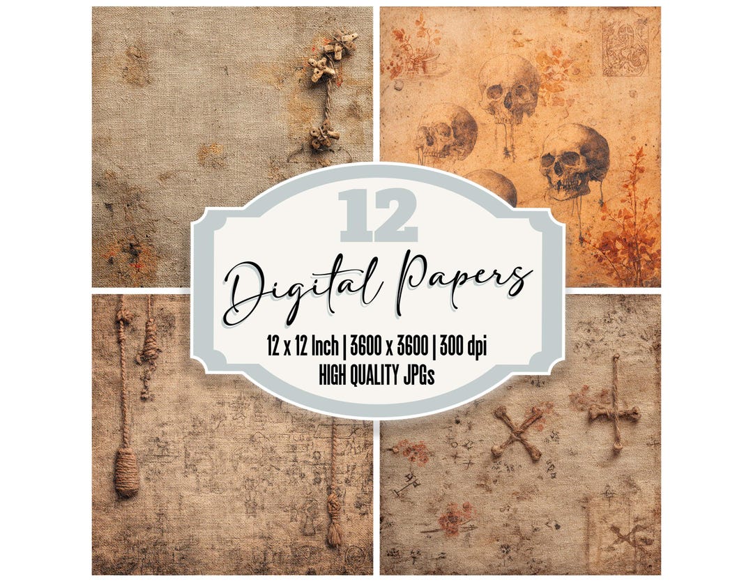 12x Bone Charm Paper Junk Journal Paper Digital Paper Pack Skull Bones ...