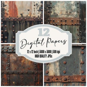 12x Rusted Metal Junk Journal Paper, Industrial Digital Paper Pack, Distressed Texture, Steampunk Backgrounds,Quality JPGs, Digital Download