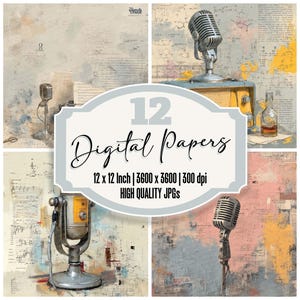 May include: A collage of four digital papers with vintage microphones and abstract backgrounds. The central design element features the text "12 Digital Papers" and specifications: 12 x 12 inch, 3600 x 3600, and 300 dpi.
