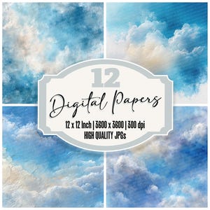 Pode incluir: Uma coleção de doze papéis digitais, cada um com 30,48 cm x 30,48 cm, com desenhos de nuvens em tons de azul e branco. A imagem exibe o texto "12 Digital Papers" e detalhes de resolução. JPGs de alta qualidade.