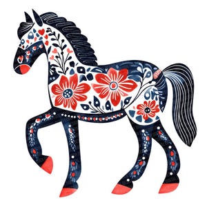 Könnte beinhalten: Eine Aquarellillustration eines Pferdes in einer Laufpose. Das Pferd ist mit roten und weißen Blumenmustern auf marineblauem Hintergrund verziert. Mähne und Schweif sind schwarz, die Hufe rot.