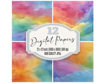 Puede incluir: Imagen de 12 papeles digitales de acuarela con colores vibrantes. Cada papel presenta una mezcla única de colores, incluyendo rosa, azul, amarillo y verde. El texto "12 Digital Papers" y los detalles del tamaño y la resolución están incluidos.