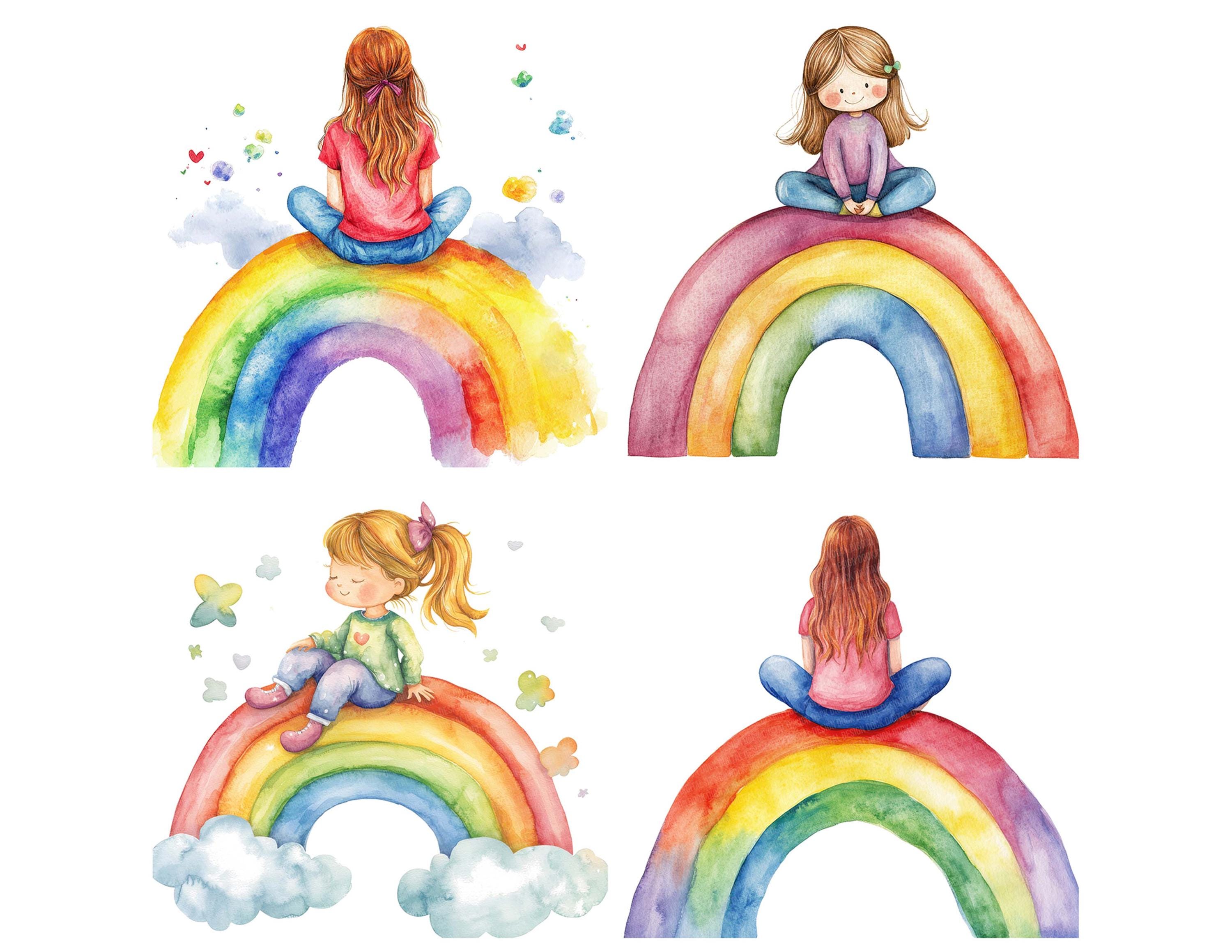 Watercolor Girl on Rainbow PNG Clip Art, 12x Colorful Kids ...