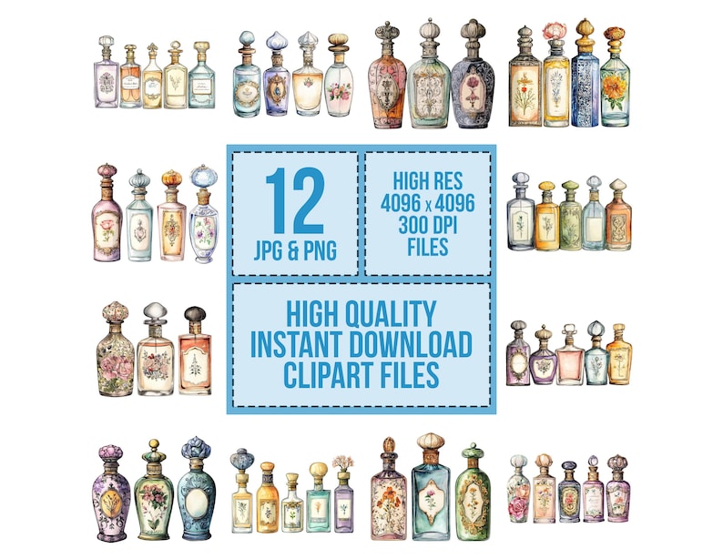 Antique Perfume Bottle PNG Clipart, 12x Vintage Apothecary Clip Art Set ...