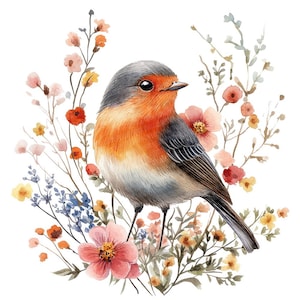 12 Garden Birds Clip Art, Watercolor Birds and Flowers PNG, Digital Download, Scrapbook Images, Paper Crafts, Junk Journal