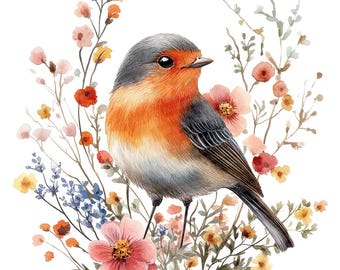12 Garden Birds Clip Art, Watercolor Birds and Flowers PNG, Digital Download, Scrapbook Images, Paper Crafts, Junk Journal