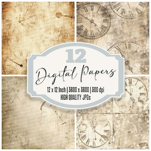 May include: Set of 12 digital papers featuring vintage clock faces on a textured background. Each paper is 12 inches by 12 inches and 3600 pixels by 3600 pixels at 300 dpi.