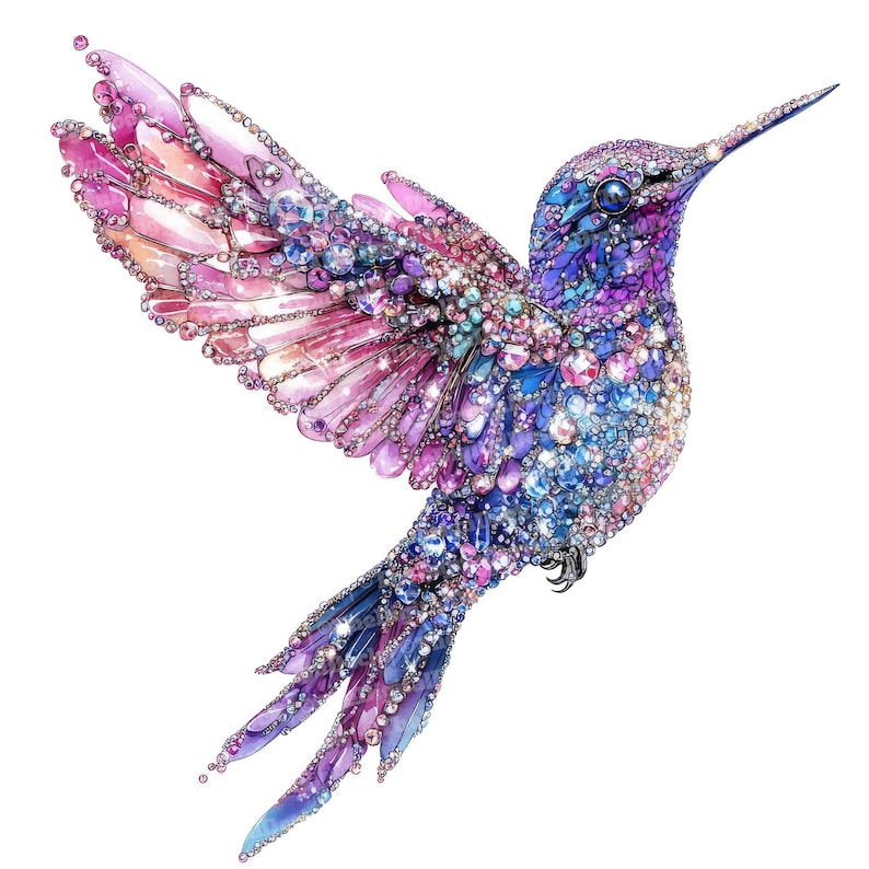 K&ouml;nnte beinhalten: Ein Kolibri aus schimmernden rosa, blauen und violetten Edelsteinen. Der Vogel ist im Flug mit ausgebreiteten Fl&uuml;geln.