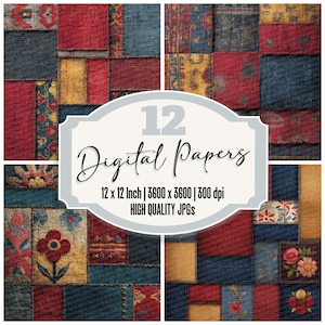 Paquete de 12 papeles digitales para patchwork, con textura desgastada, para diario, textiles populares, colores primarios, JPG de alta calidad
