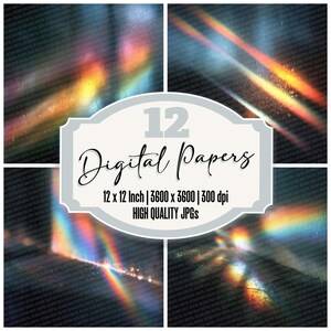12 papeles digitales con textura de fuga de luz y destellos de arcoíris para diario, paquete de papel con película, desenfoque de polvo, archivos JPG de alta calidad, descarga de álbumes de recortes