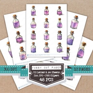 May include: Watercolor illustrations of potion bottles with cork stoppers and purple liquid. The image includes multiple sheets of paper with the bottles printed on them. Text on the image reads "Fussy Cut Pages", "US Letter & A4 Sheets", and "48 PCS".