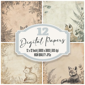 12 x Fox Cub Fern Junk Journal papier Renard et fougère Design arrière-plans JPGs de haute qualité papier imprimable téléchargement numérique