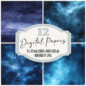 12x Indigo Storm Break Junk Journal Paper Pack de papier numérique Lightning Clouds Texture de ciel maussade Papier imprimable JPG de haute qualité