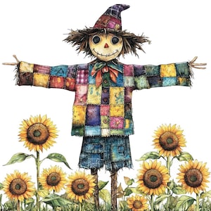 Op de afbeelding: Een kleurrijke patchwork vogelverschrikker met een strohoed en een blauwe denim rok staat in een veld met zonnebloemen. De vogelverschrikker heeft een vriendelijk gezicht met knoopjesogen en een gestikte glimlach.