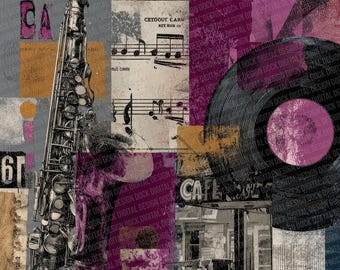 12 Jazz Vinyl Grunge Digital Paper Pack Saxophone Jazz Music