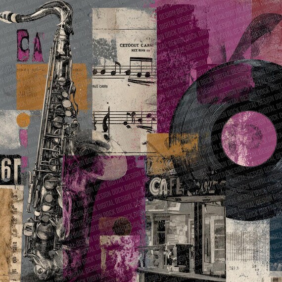 12 Jazz Vinyl Grunge Digital Paper Pack Saxophone Jazz Music