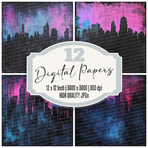 12x Smokey City Skyline Junk Journal Paper Pack, Neon Night Digital Paper, Urban Scrapbook Backgrounds, High Quality JPGs, Digital Download