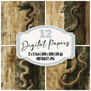 May include: Digital paper set featuring four panels with dragon illustrations in gold and black against a wood-grain background. The central graphic reads "12 Digital Papers" with dimensions of 12 x 12 inches and 3600 x 3600 resolution.