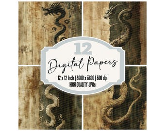 May include: Digital paper set featuring four panels with dragon illustrations in gold and black against a wood-grain background. The central graphic reads "12 Digital Papers" with dimensions of 12 x 12 inches and 3600 x 3600 resolution.