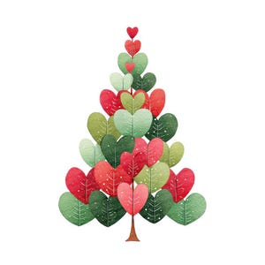 May include: A watercolor illustration of a Christmas tree composed of heart-shaped leaves in shades of red, green, and pink. The tree has a brown trunk and is set against a white background. The leaves have white speckles.