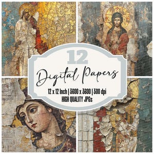 May include: Twelve digital papers featuring vintage-style religious iconography with faded paint and cracked plaster. The images are in a warm color palette of yellow, red, blue, and green. Each paper is 12 inches by 12 inches and 300 dpi.