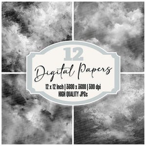 May include: A digital art print featuring four abstract backgrounds in shades of gray and white. The image includes a central label with the text "12 Digital Papers" and details about the paper size and resolution.