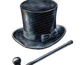 Victorian Top Hat and Cane PNG Clipart, 12x Gentleman Accessories Clip Art Set, Printable Watercolor Clip Art, Digital Download