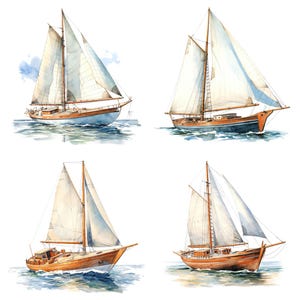 Sailboat Clipart, 12x Vintage Nautical Boat Art Set, Printable Watercolor Art, Transparent Background PNG, Digital Download, Paper Crafts image 4