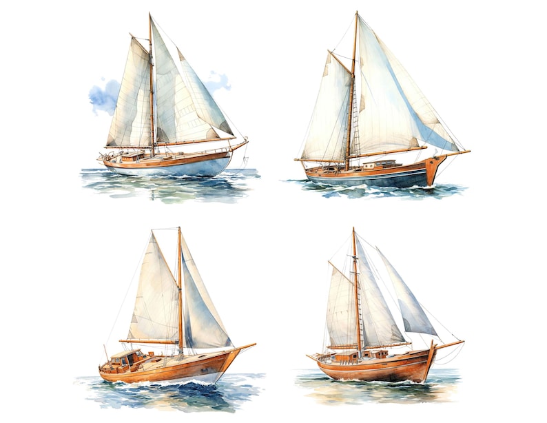 Sailboat Clipart, 12x Vintage Nautical Boat Art Set, Printable Watercolor Art, Transparent Background PNG, Digital Download, Paper Crafts image 4