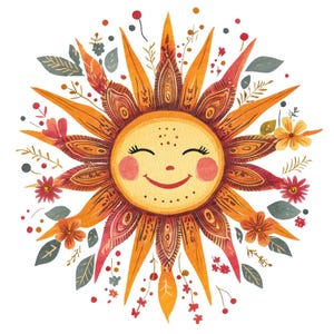Folk Sun with Face PNG Clip Art, 12x Happy Sun Clipart Set, Watercolor Sun Clip Art, Printable Digital Download, Transparent PNG