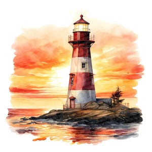 Imágenes PNG de faros, set de 12 imágenes de arte costero al atardecer, imágenes prediseñadas de acuarela imprimibles, descarga digital, PNG con fondo transparente, vista al océano