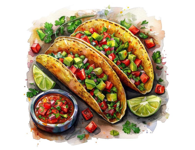 Taco PNG Clipart, 12x Mexican Food Clip Art Set, Printable Watercolor Taco Clipart, Transparent PNG, Digital Download, Fiesta Party Decor image 11