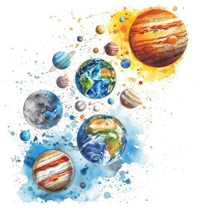Solar System Clipart, 12x Planet Space Clip Art Set, Printable Watercolor Art, Transparent Background PNG, Digital Download, STEM Crafts