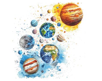 Solar System Clipart, 12x Planet Space Clip Art Set, Printable Watercolor Art, Transparent Background PNG, Digital Download, STEM Crafts