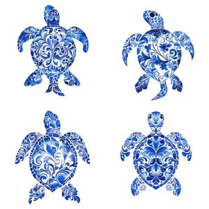 May include: Four blue and white ceramic sea turtles with intricate floral designs. The turtles are facing forward with their heads up and their flippers outstretched.