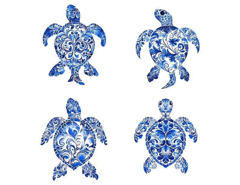 May include: Four blue and white ceramic sea turtles with intricate floral designs. The turtles are facing forward with their heads up and their flippers outstretched.