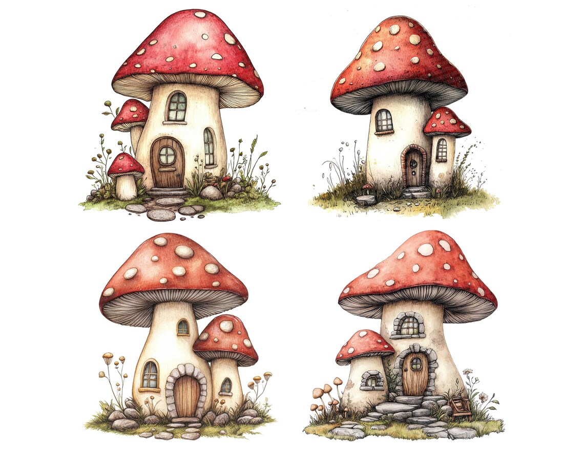 Mushroom House PNG Clipart, 12x Watercolor Fairy Cottage Clip Art Set ...