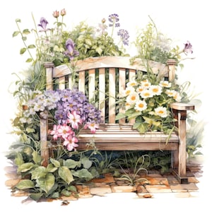 12x Floral Bench Clipart, Garden Chair JPG Clipart, Printable Watercolor Clipart, Wall Art, Paper Crafts, Digital Download, Junk Journals