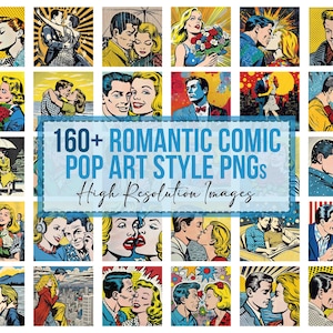 160+ Romantycznych postaci w stylu komiksowym Pop Art PNG Projekty Pakiety do pobrania w dużych ilościach Pliki cyfrowe PNG Projekty koszulek Komercyjne wykorzystanie Clipart