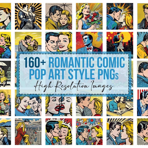 160+ Romantic Comic Book Style Pop Art Characters PNG Designs Bulk Bundle Downloads PNG Digital File T-Shirt Designs Commercial Use Clipart