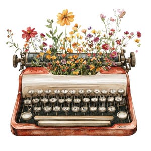 Floral vintage typemachine PNG-clipart, 12 x Spring Writer-clipartset, afdrukbare aquarel-illustraties, digitale download, Cottagecore Ephemera, digitale download