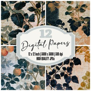 12x Embroidery Tomato Vines Junk Journal Paper Pack Olive Ochre Botanical Floral Leaves Linen Texture Vintage Scrapbook Paper Digital