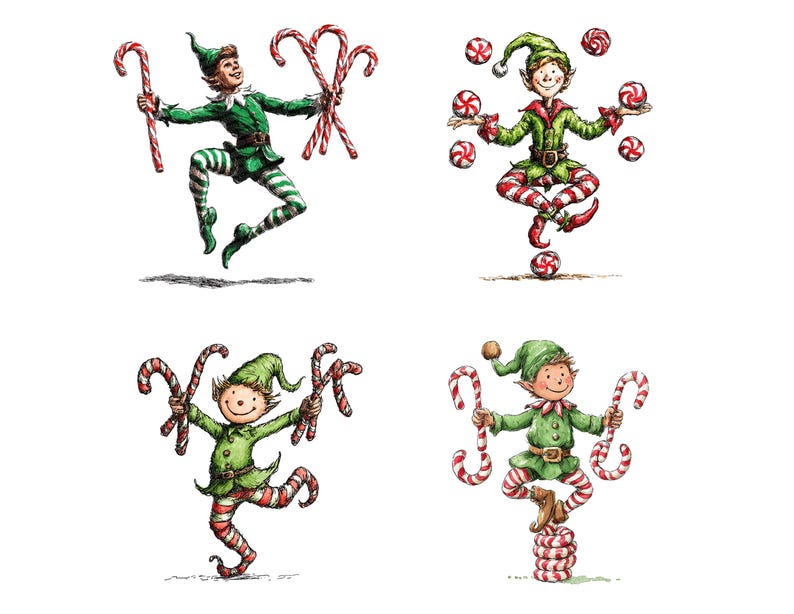 12x Christmas Elf Juggler PNG Clipart, Holiday Clip Art, Watercolor ...