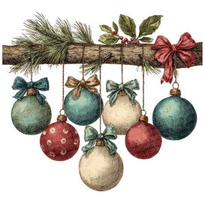 May include: A festive illustration featuring Christmas baubles suspended from a branch. The baubles are in various colours, including blue, red, and white, adorned with bows and foliage. The branch is brown, set against a white backdrop.