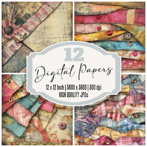 May include: Twelve digital papers featuring a patchwork design with various shades of blue, pink, red, and yellow. The papers are 12 inches by 12 inches and have a resolution of 3600 by 3600 pixels at 300 dpi.